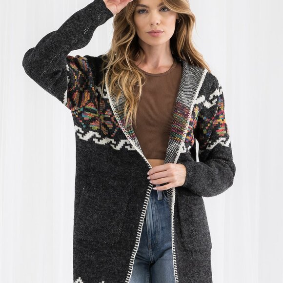 Western Cowichan Inspired Tribal Print Hooded Cardigan - Picture 1 of 11